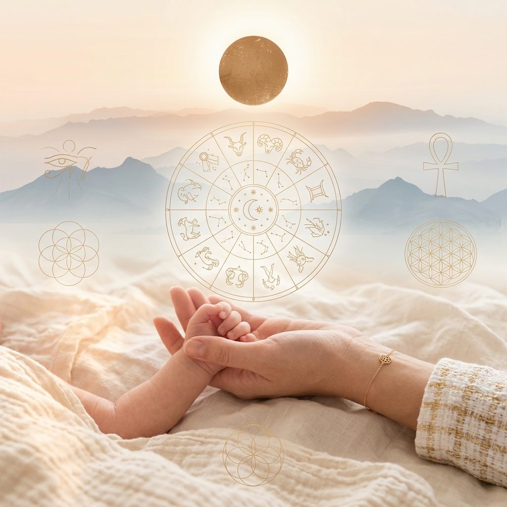 A newborn's hand held in a mother's hand in dawn light, a gold zodiac wheel above them
