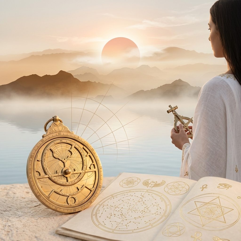 A brass astrolabe and an open book of gold star charts on stone at dawn