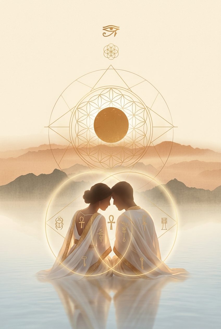 Two figures in white, foreheads touching, inside a gold vesica piscis over still water at dawn