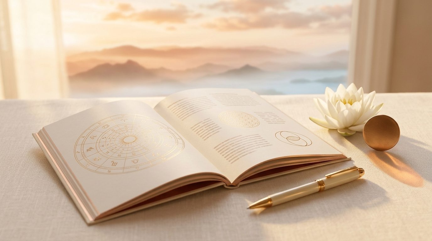 An open reading with gold birth charts on its pages, on linen by a window at dawn, a gold pen and a lotus beside it