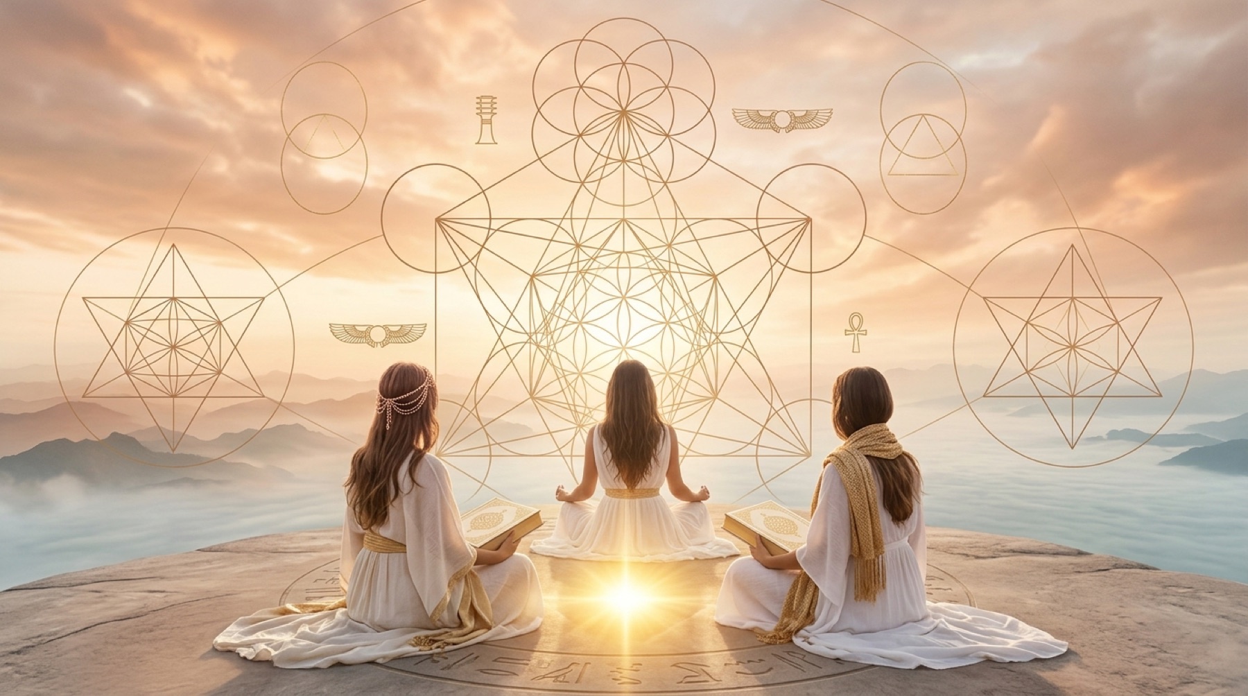 A woman's hands holding open a cream and gold bound book, a birth chart glowing on the page, dawn light behind